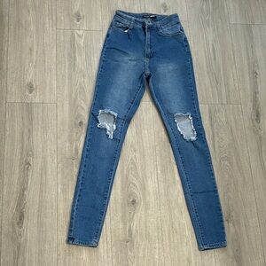 Fashion Nova Dark Blue Ripped Skinny Jeans